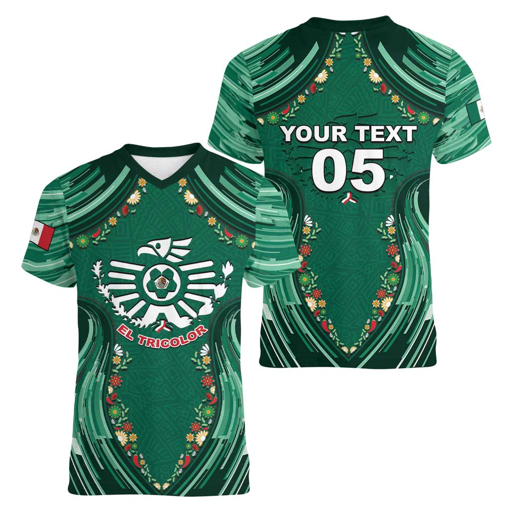 Custom Mexico Football Women V-Neck T-Shirt Aztec Eagle With Mini Floral Patterns