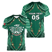 Custom Mexico Football Women V-Neck T-Shirt Aztec Eagle With Mini Floral Patterns