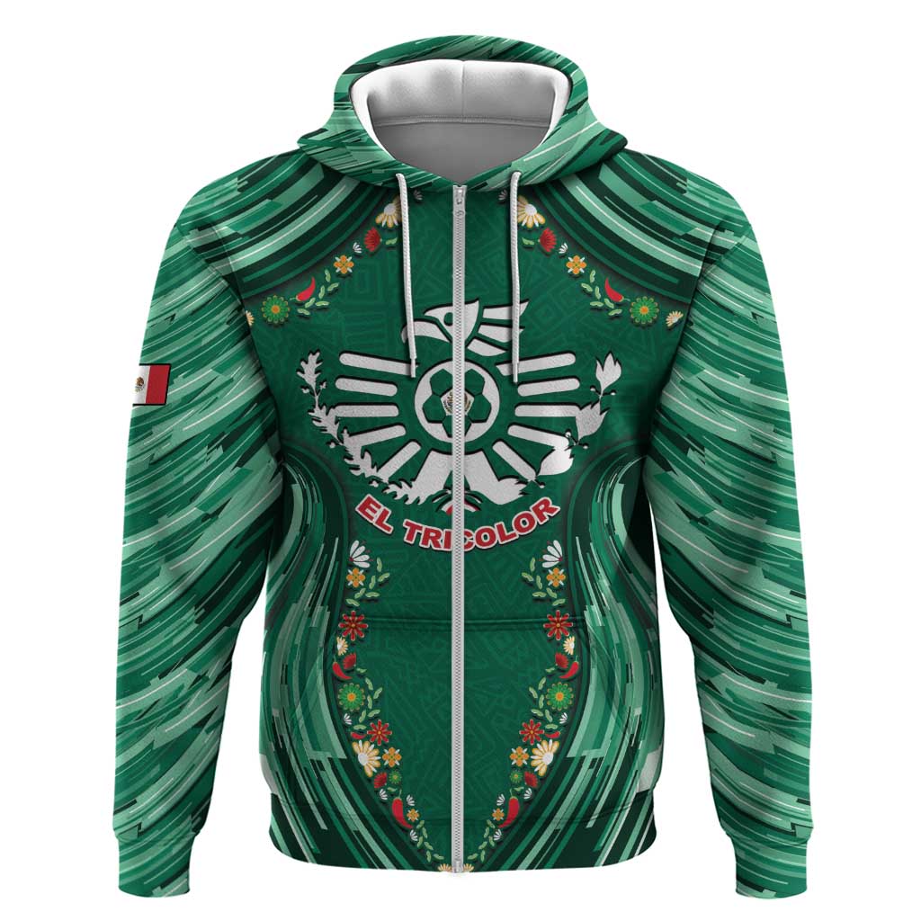 Custom Mexico Football Zip Hoodie Aztec Eagle With Mini Floral Patterns
