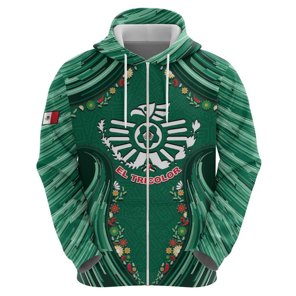 Custom Mexico Football Zip Hoodie Aztec Eagle With Mini Floral Patterns