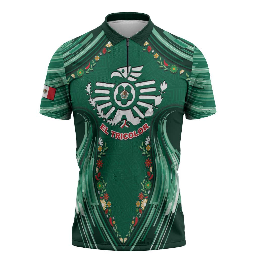 Custom Mexico Football Zipper Polo Shirt Aztec Eagle With Mini Floral Patterns