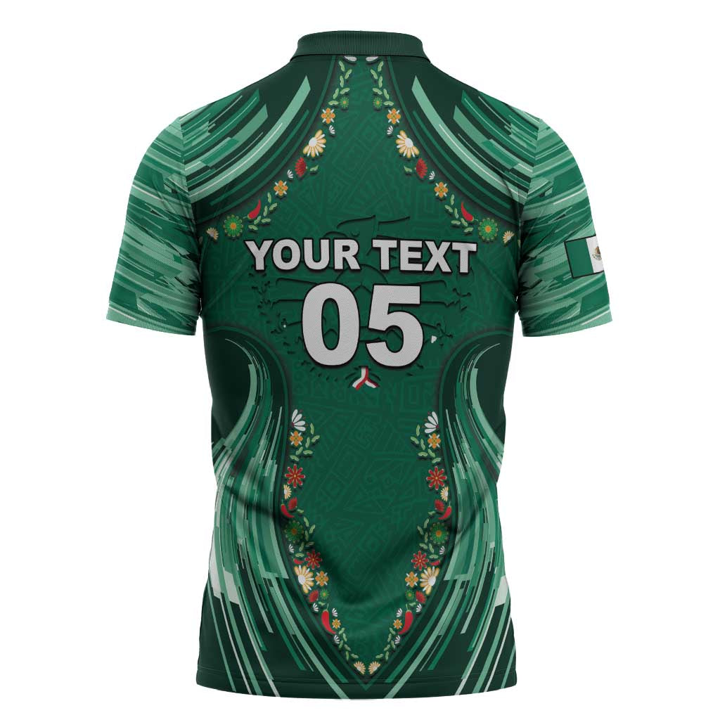 Custom Mexico Football Zipper Polo Shirt Aztec Eagle With Mini Floral Patterns