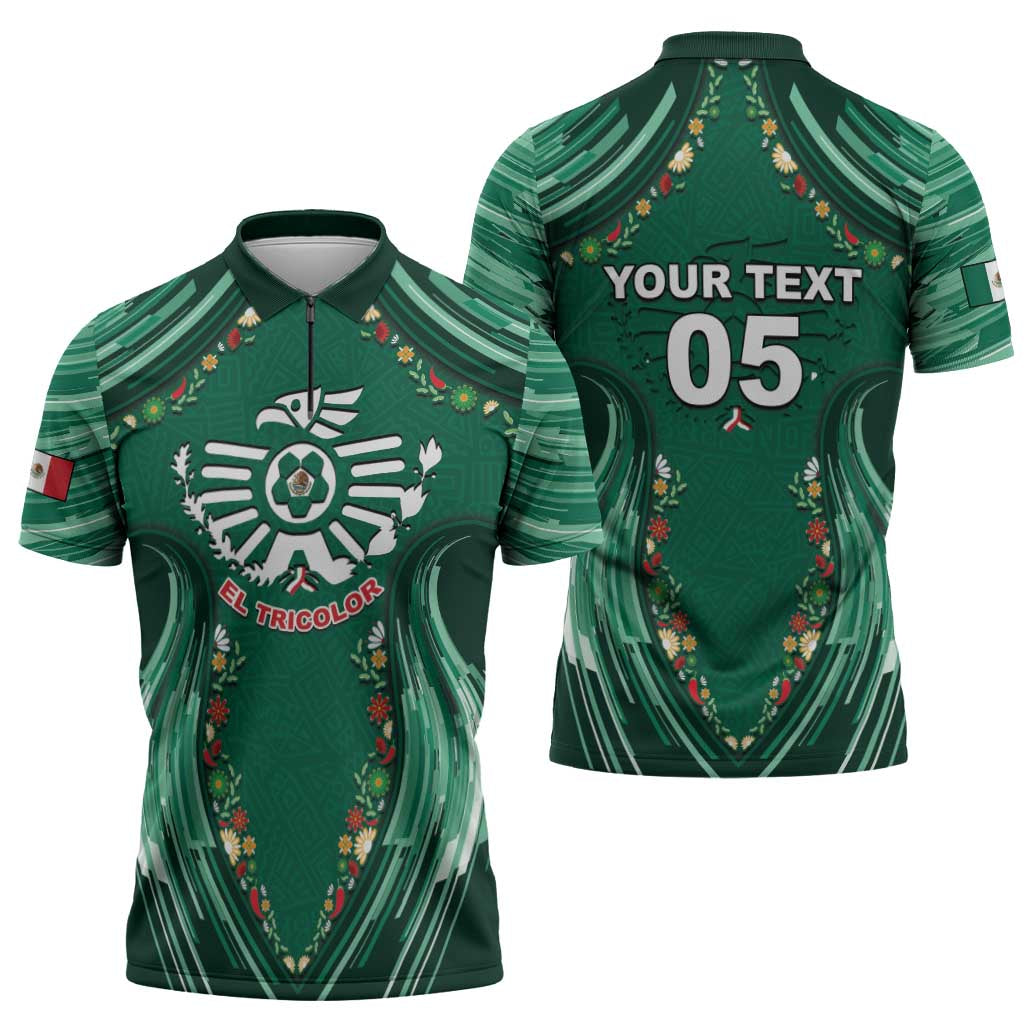 Custom Mexico Football Zipper Polo Shirt Aztec Eagle With Mini Floral Patterns