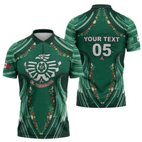Custom Mexico Football Zipper Polo Shirt Aztec Eagle With Mini Floral Patterns