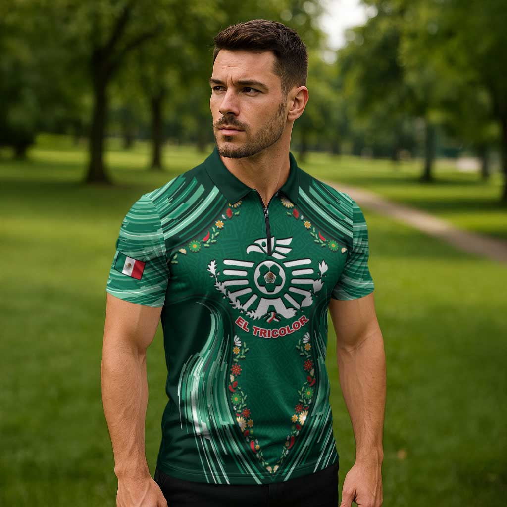 Custom Mexico Football Zipper Polo Shirt Aztec Eagle With Mini Floral Patterns