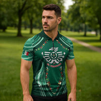 Custom Mexico Football Zipper Polo Shirt Aztec Eagle With Mini Floral Patterns