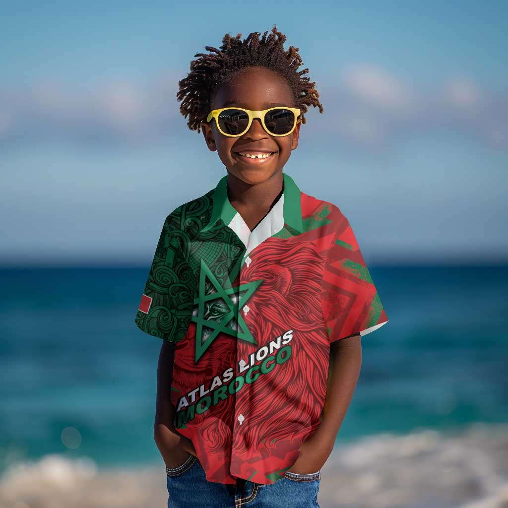 Custom Morocco Football Kid Hawaiian Shirt Pentagram Red Lion African