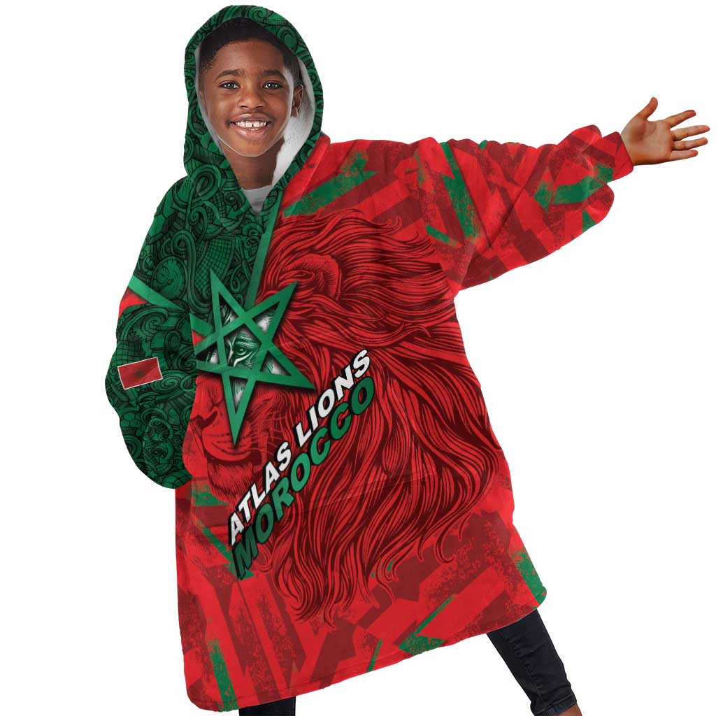Custom Morocco Football Kid Wearable Blanket Hoodie Pentagram Red Lion African