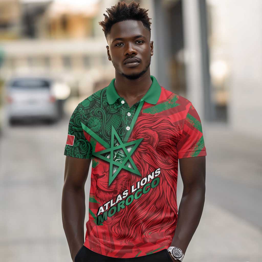 Custom Morocco Football Polo Shirt Pentagram Red Lion African