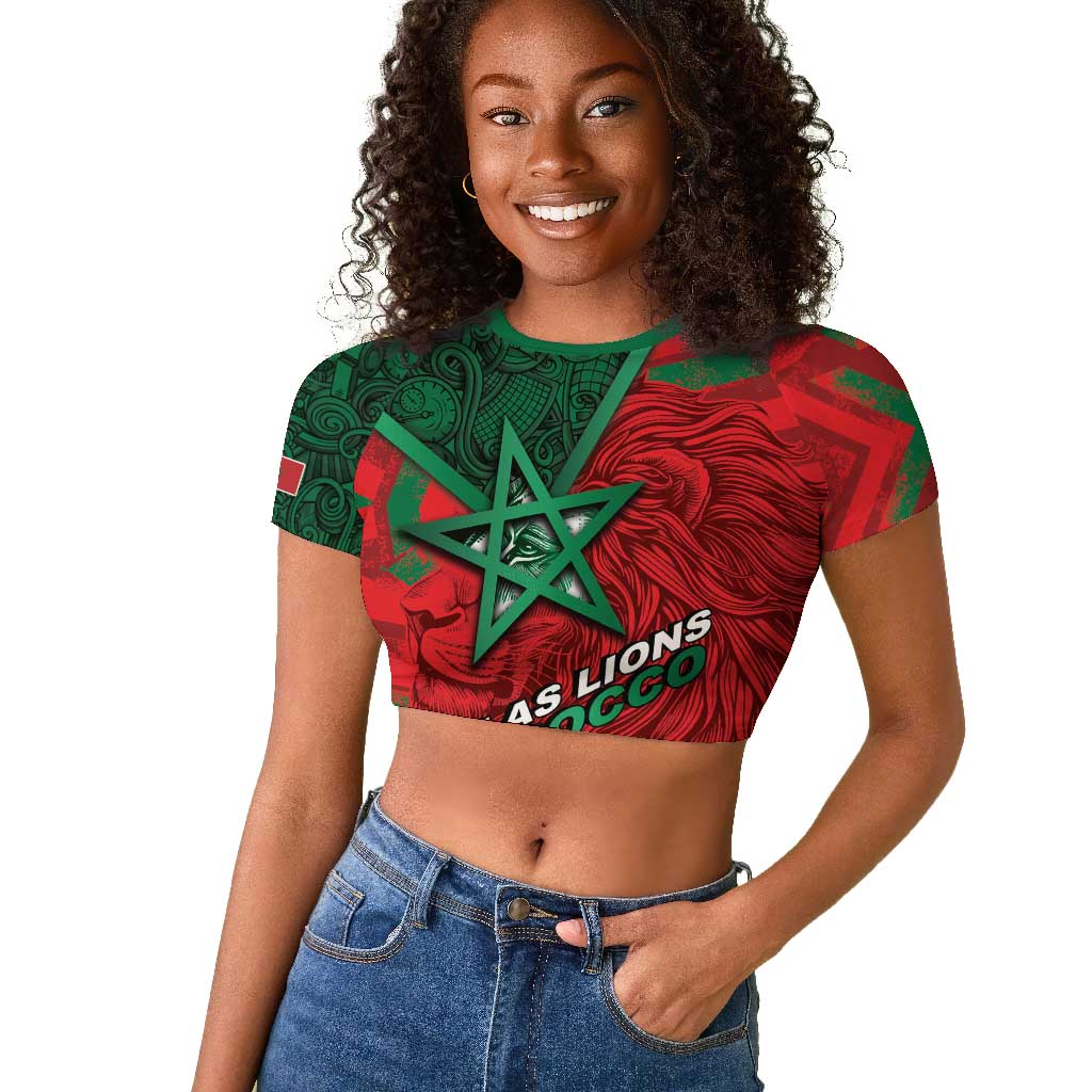 Custom Morocco Football Raglan Cropped T shirt Pentagram Red Lion African