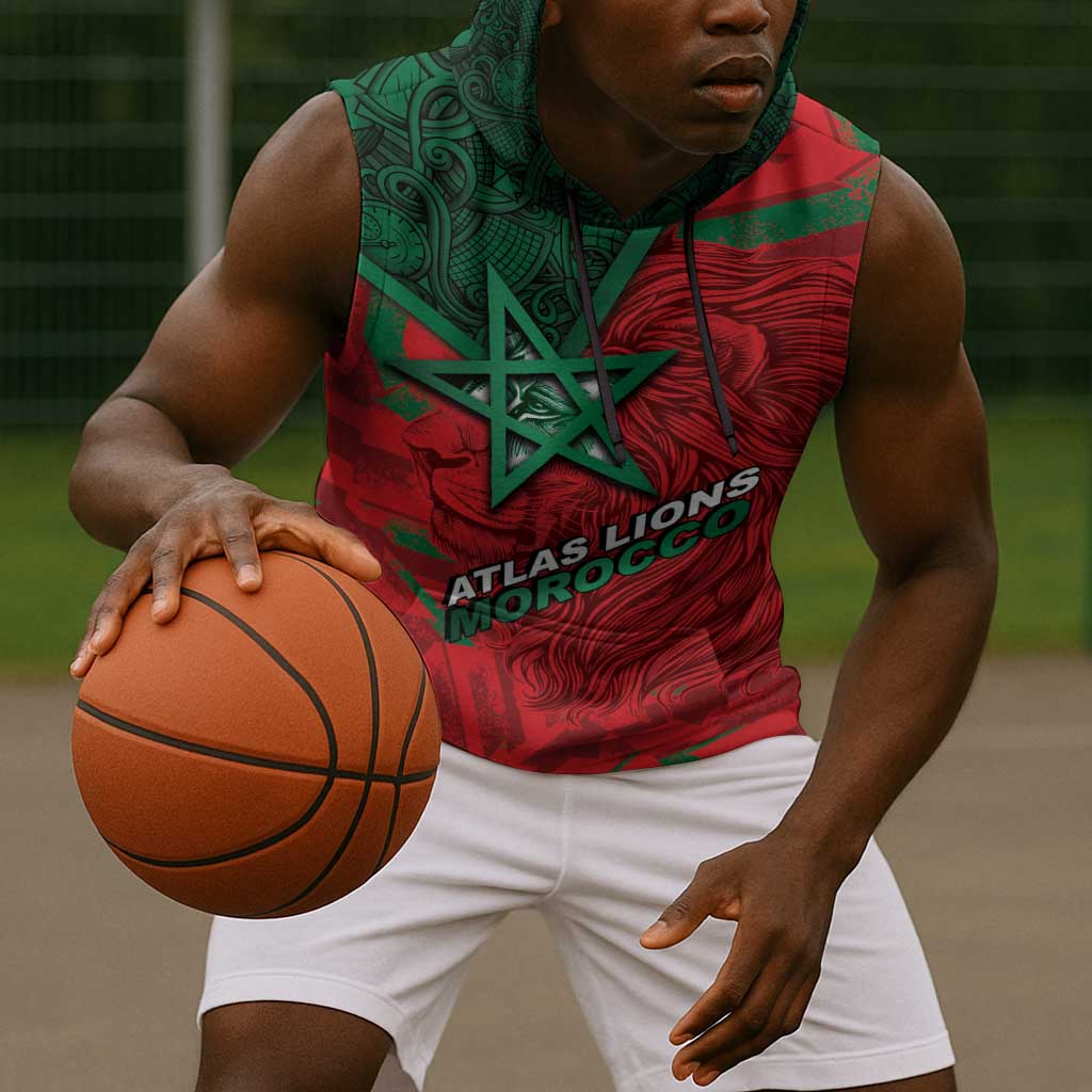 Custom Morocco Football Sleeveless Hoodie Pentagram Red Lion African