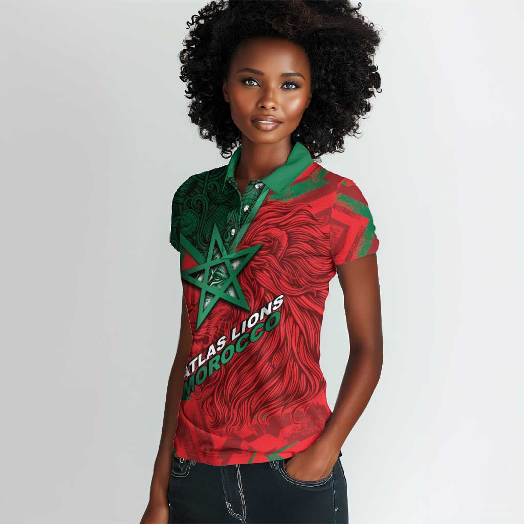Custom Morocco Football Women Polo Shirt Pentagram Red Lion African