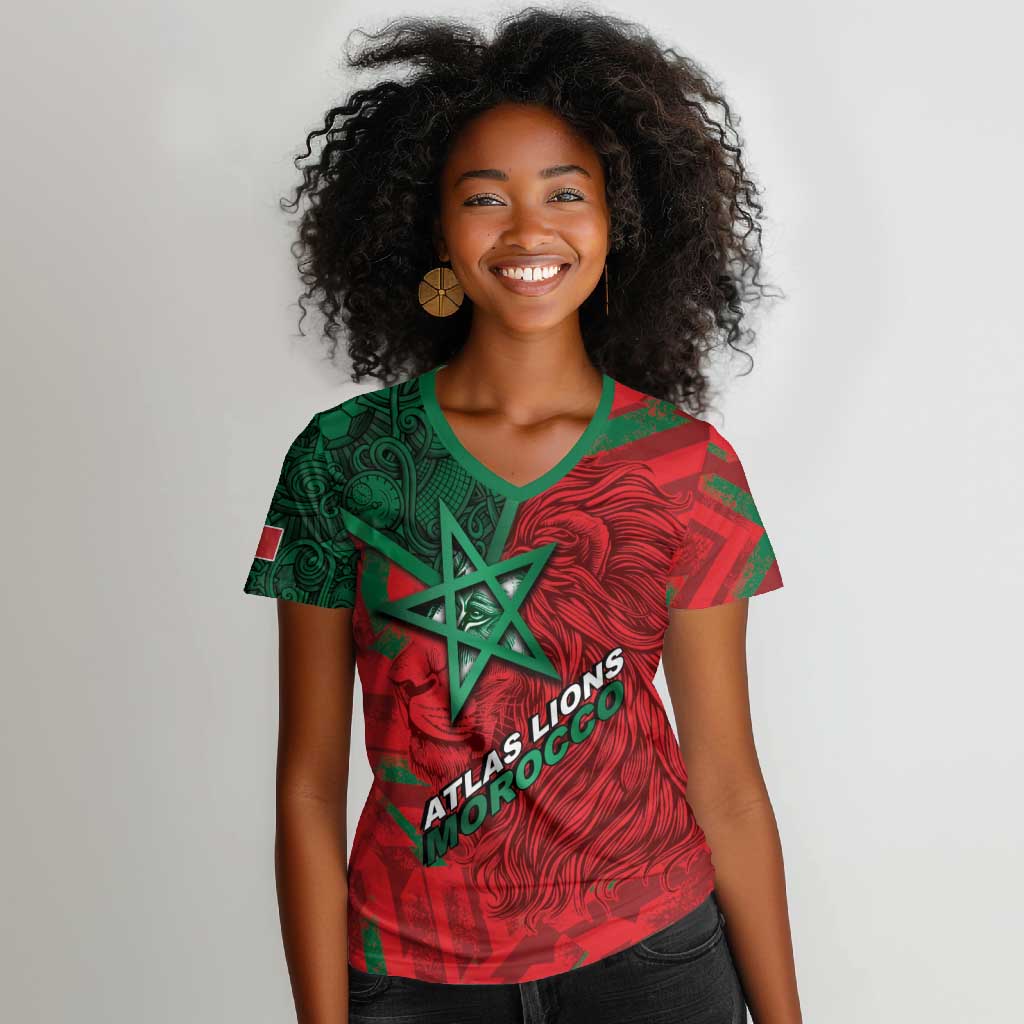 Custom Morocco Football Women V-Neck T-Shirt Pentagram Red Lion African