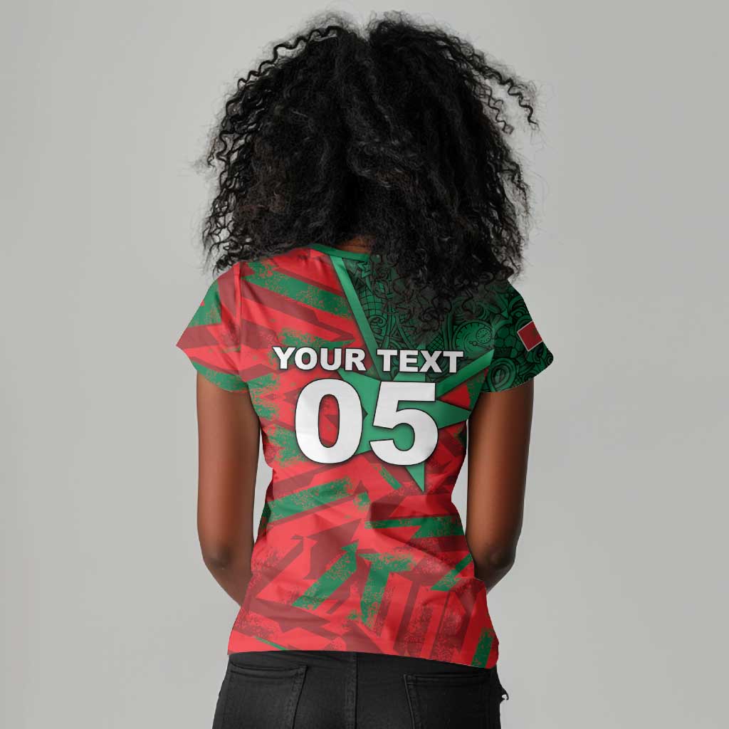 Custom Morocco Football Women V-Neck T-Shirt Pentagram Red Lion African
