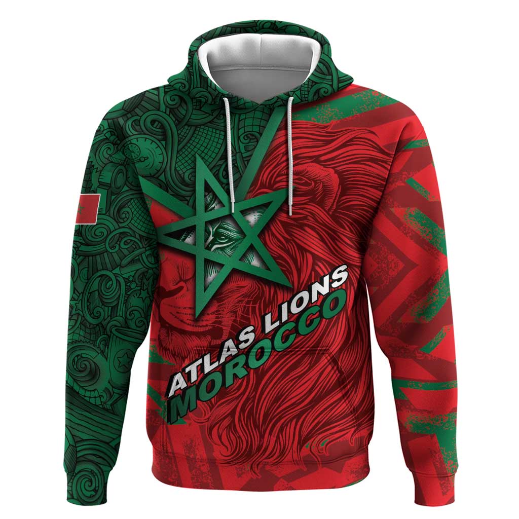 Custom Morocco Football Zip Hoodie Pentagram Red Lion African
