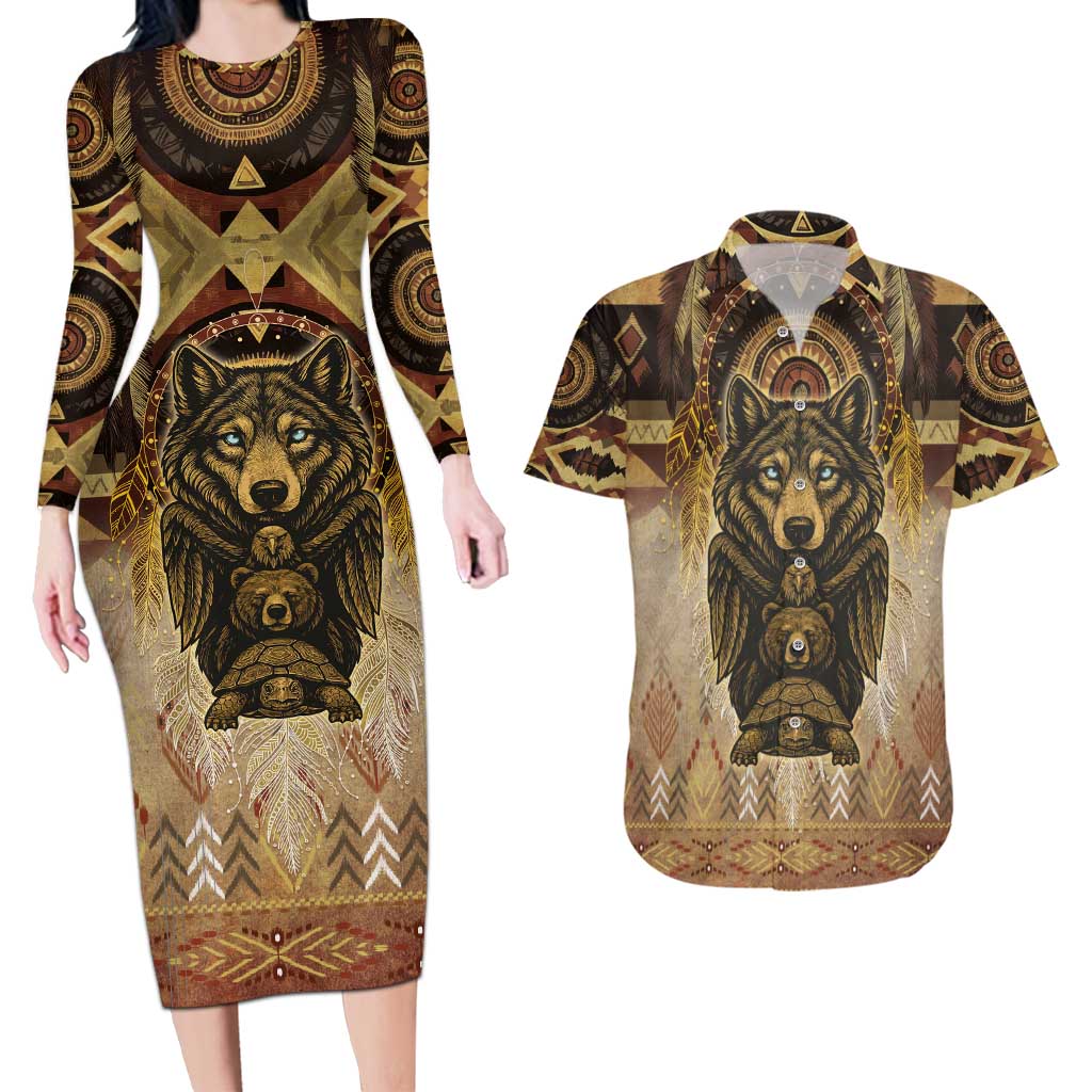 Native American Animal Spirit Couples Matching Long Sleeve Bodycon Dress and Hawaiian Shirt