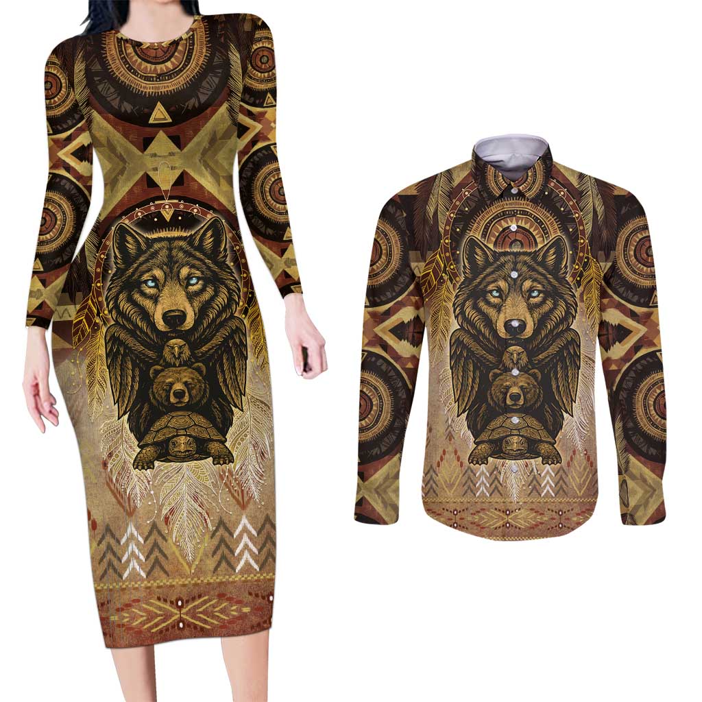 Native American Animal Spirit Couples Matching Long Sleeve Bodycon Dress and Long Sleeve Button Shirt