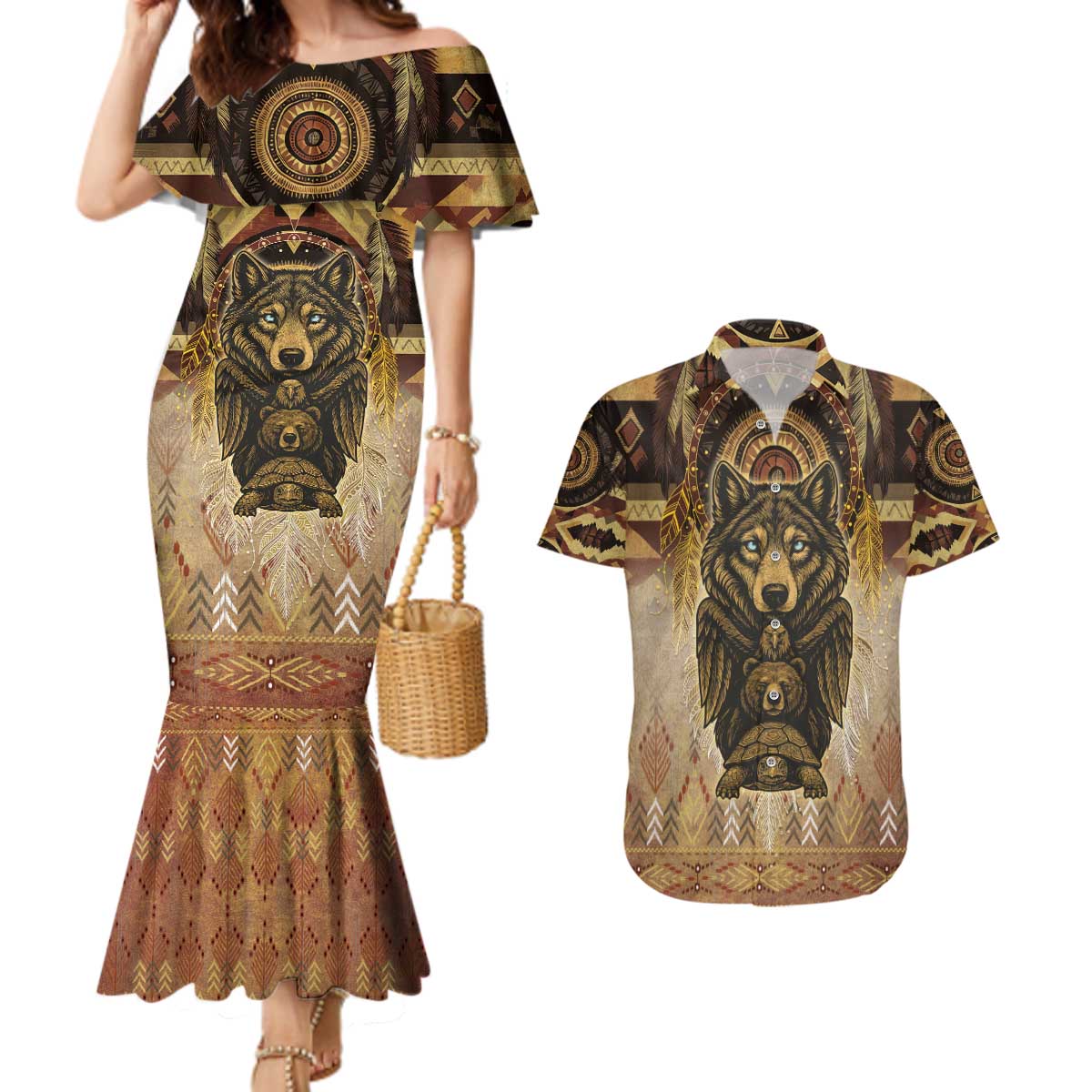 Native American Animal Spirit Couples Matching Mermaid Dress and Hawaiian Shirt