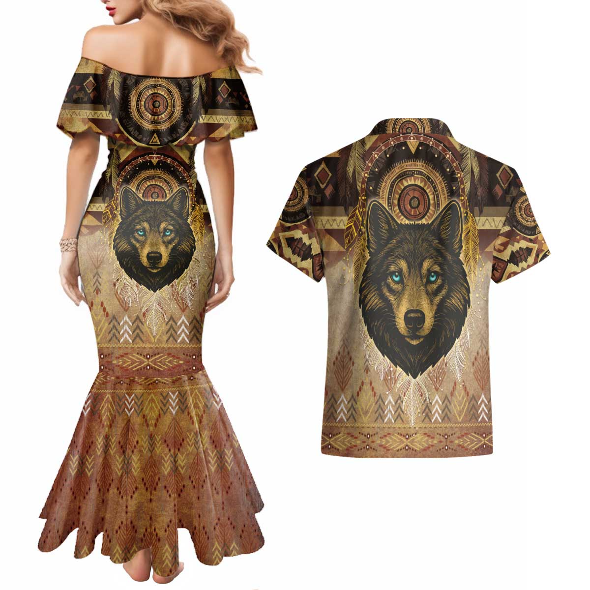 Native American Animal Spirit Couples Matching Mermaid Dress and Hawaiian Shirt