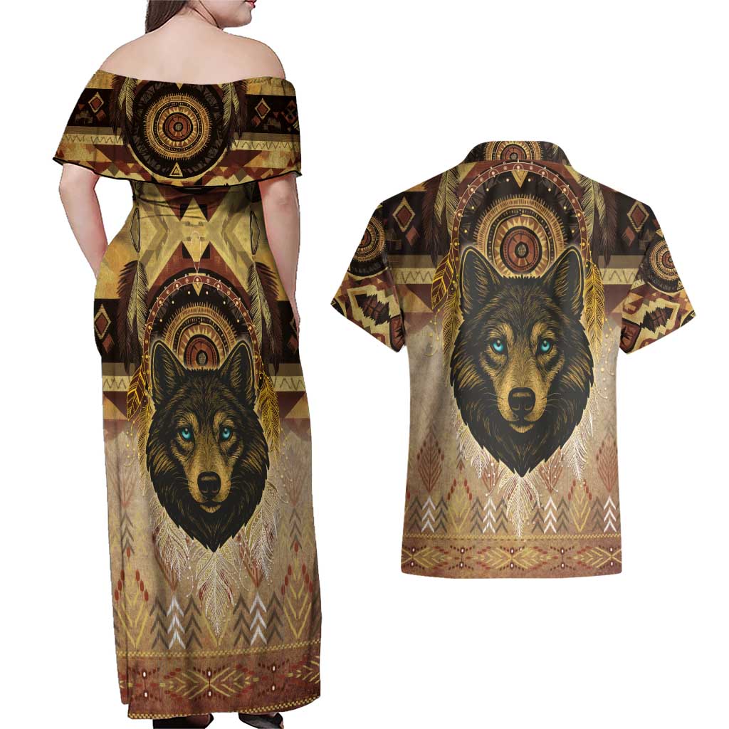 Native American Animal Spirit Couples Matching Off Shoulder Maxi Dress and Hawaiian Shirt