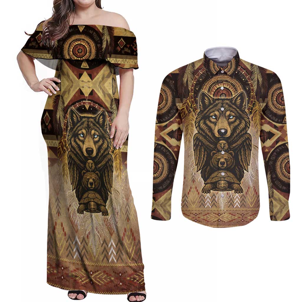 Native American Animal Spirit Couples Matching Off Shoulder Maxi Dress and Long Sleeve Button Shirt