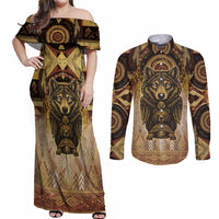 Native American Animal Spirit Couples Matching Off Shoulder Maxi Dress and Long Sleeve Button Shirt