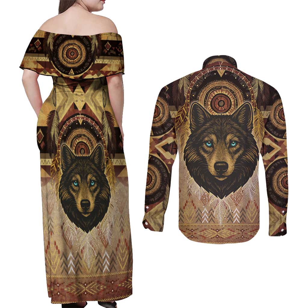 Native American Animal Spirit Couples Matching Off Shoulder Maxi Dress and Long Sleeve Button Shirt