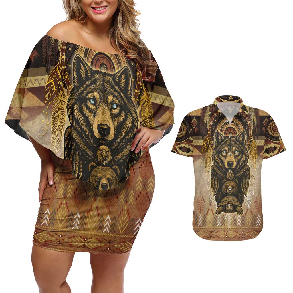 Native American Animal Spirit Couples Matching Off Shoulder Short Dress and Hawaiian Shirt
