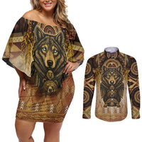 Native American Animal Spirit Couples Matching Off Shoulder Short Dress and Long Sleeve Button Shirt