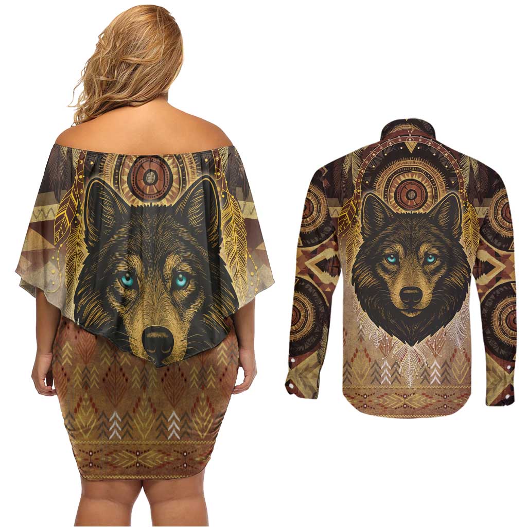 Native American Animal Spirit Couples Matching Off Shoulder Short Dress and Long Sleeve Button Shirt