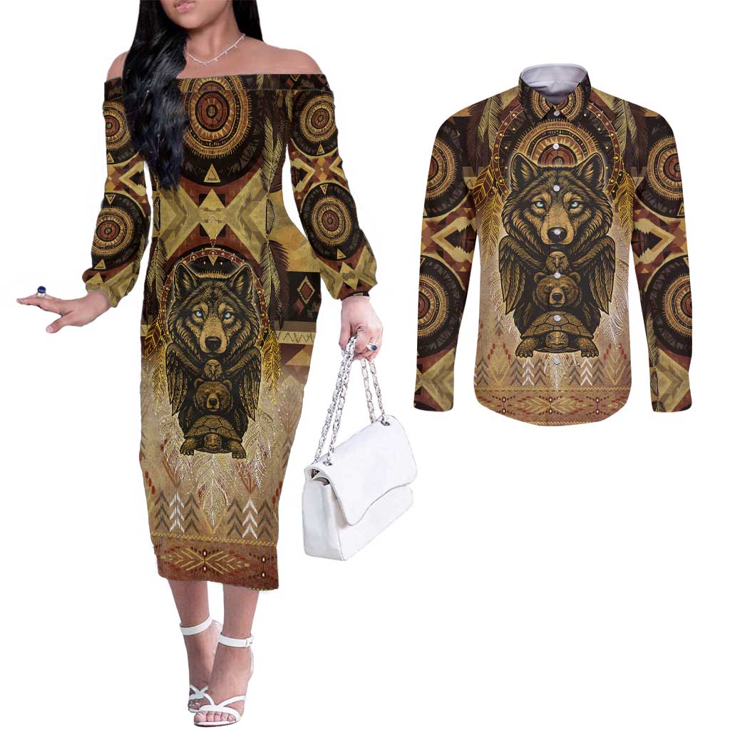 Native American Animal Spirit Couples Matching Off The Shoulder Long Sleeve Dress and Long Sleeve Button Shirt