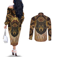Native American Animal Spirit Couples Matching Off The Shoulder Long Sleeve Dress and Long Sleeve Button Shirt