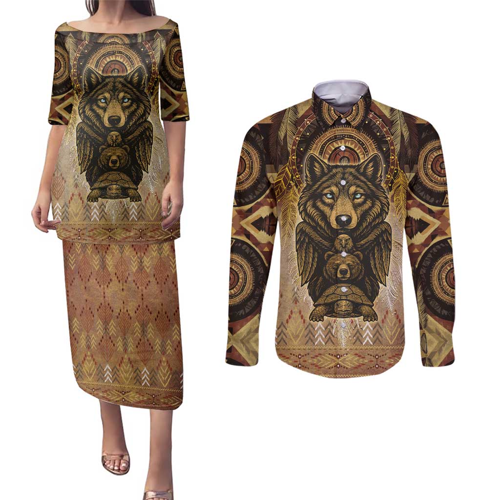 Native American Animal Spirit Couples Matching Puletasi and Long Sleeve Button Shirt