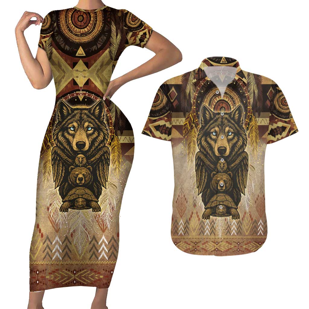 Native American Animal Spirit Couples Matching Short Sleeve Bodycon Dress and Hawaiian Shirt