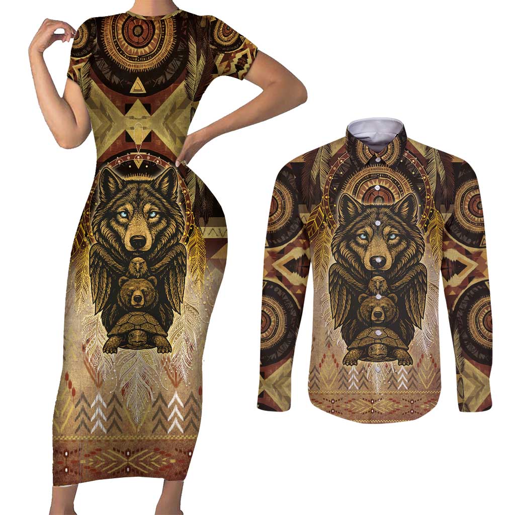 Native American Animal Spirit Couples Matching Short Sleeve Bodycon Dress and Long Sleeve Button Shirt