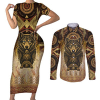 Native American Animal Spirit Couples Matching Short Sleeve Bodycon Dress and Long Sleeve Button Shirt