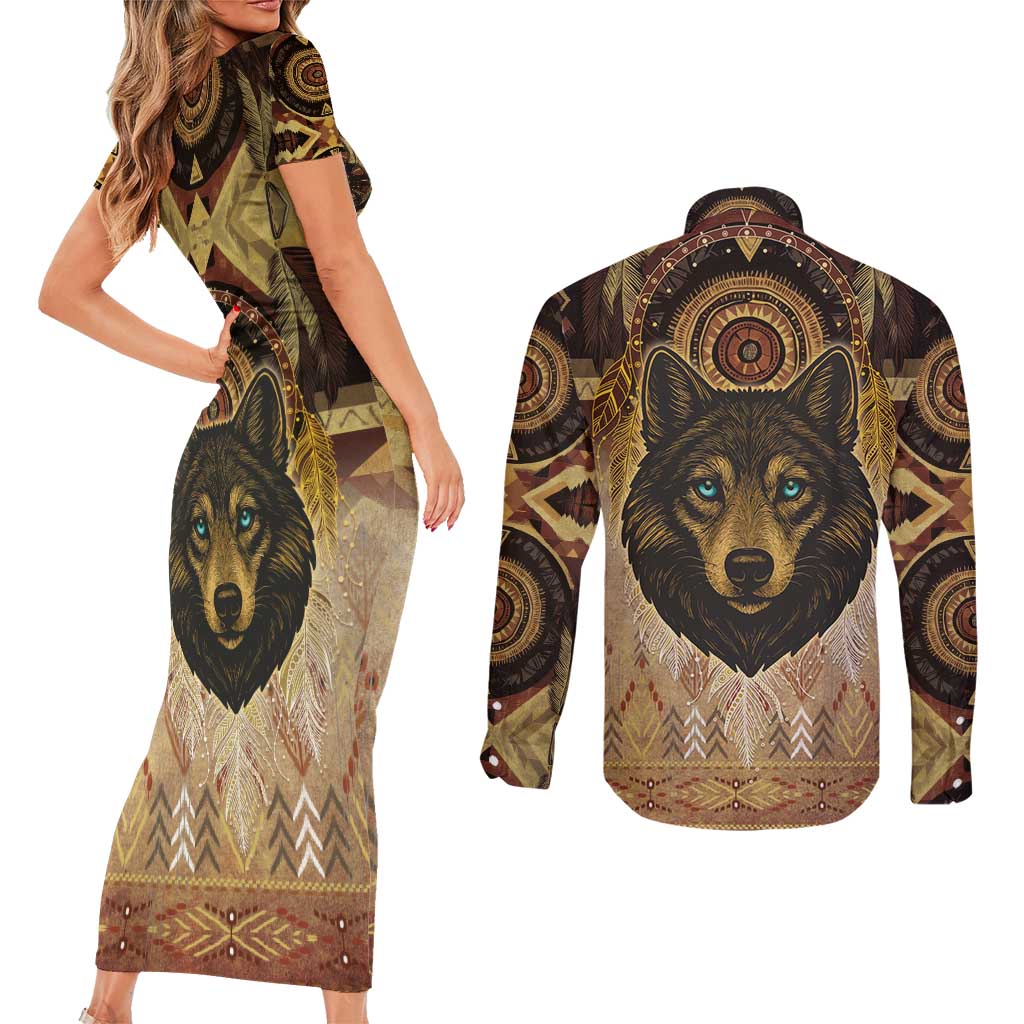 Native American Animal Spirit Couples Matching Short Sleeve Bodycon Dress and Long Sleeve Button Shirt