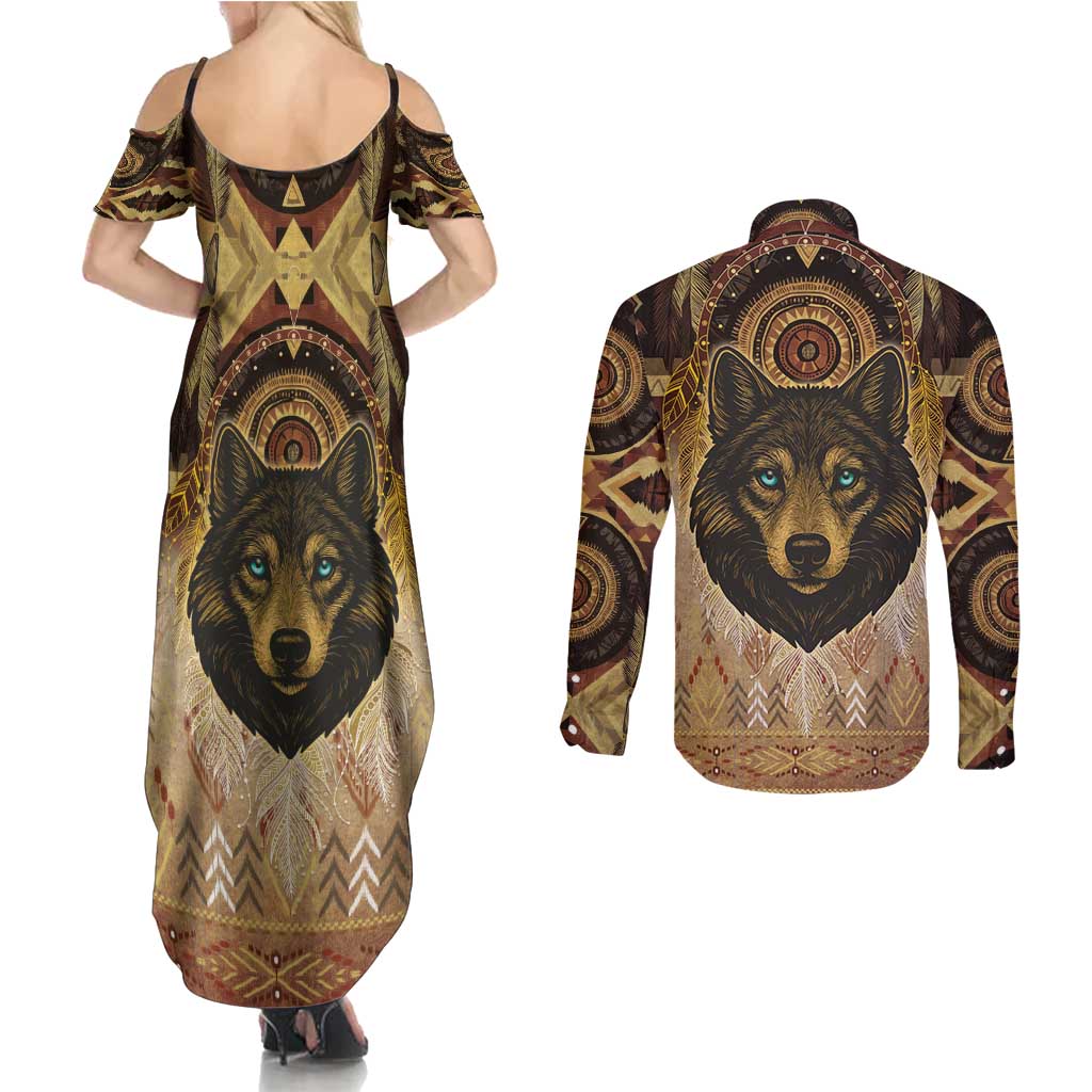 Native American Animal Spirit Couples Matching Summer Maxi Dress and Long Sleeve Button Shirt