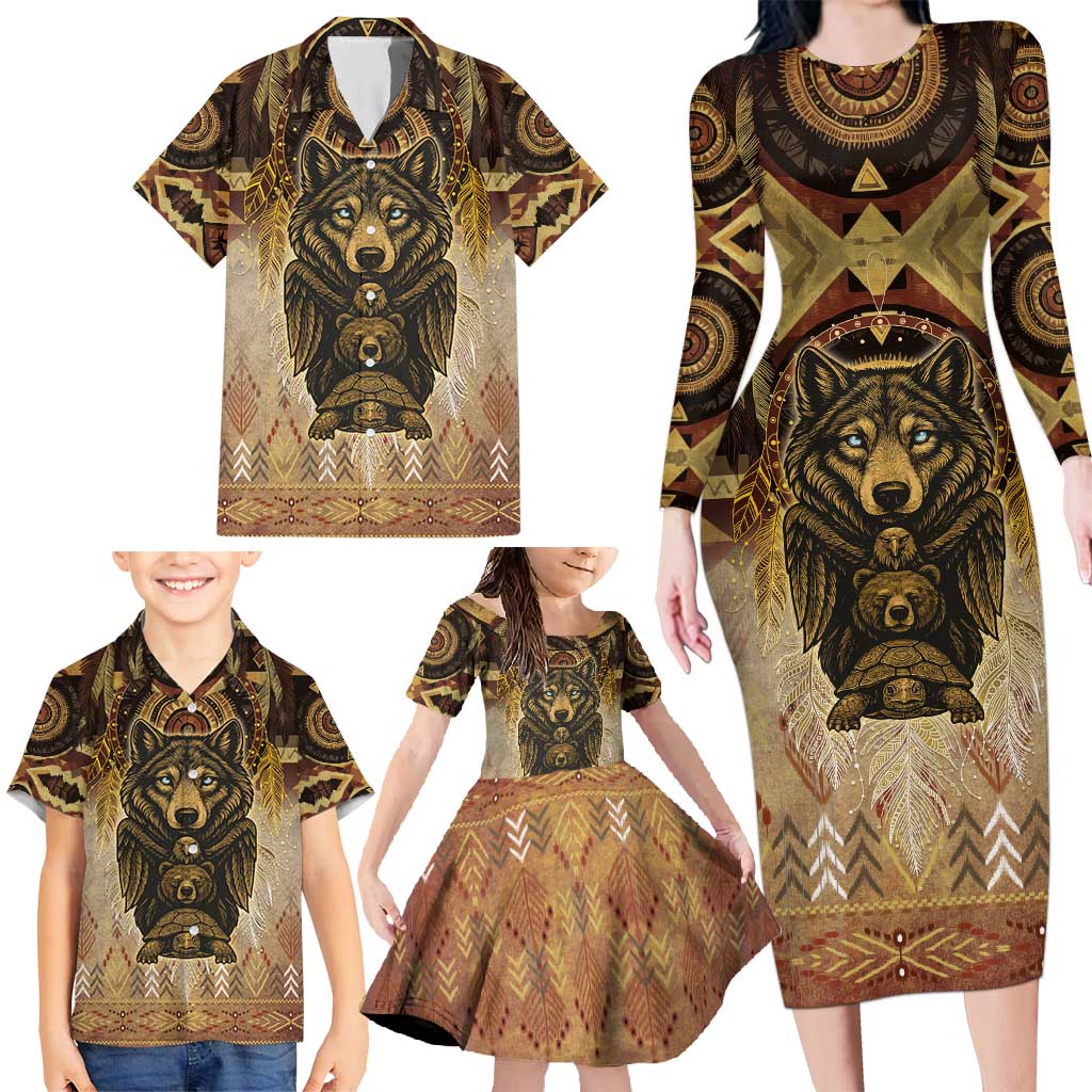 Native American Animal Spirit Family Matching Long Sleeve Bodycon Dress and Hawaiian Shirt