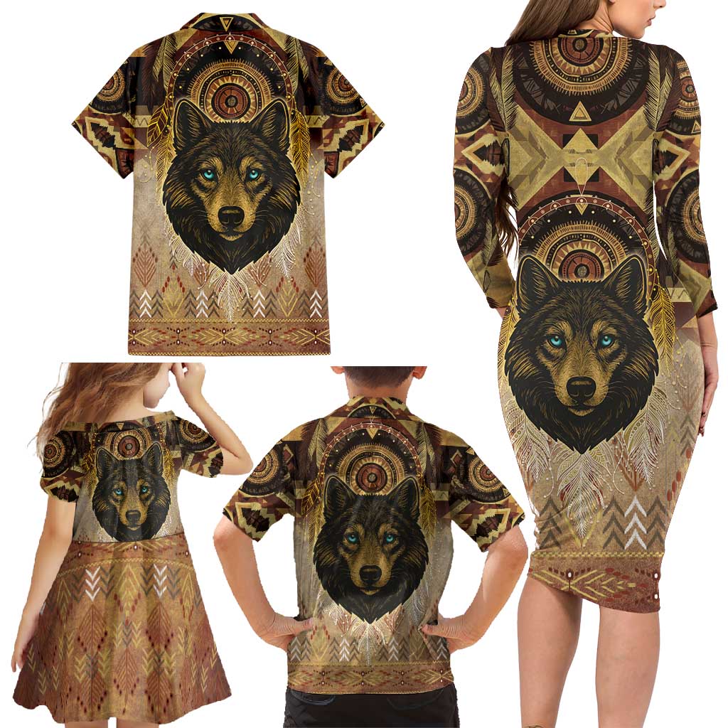 Native American Animal Spirit Family Matching Long Sleeve Bodycon Dress and Hawaiian Shirt