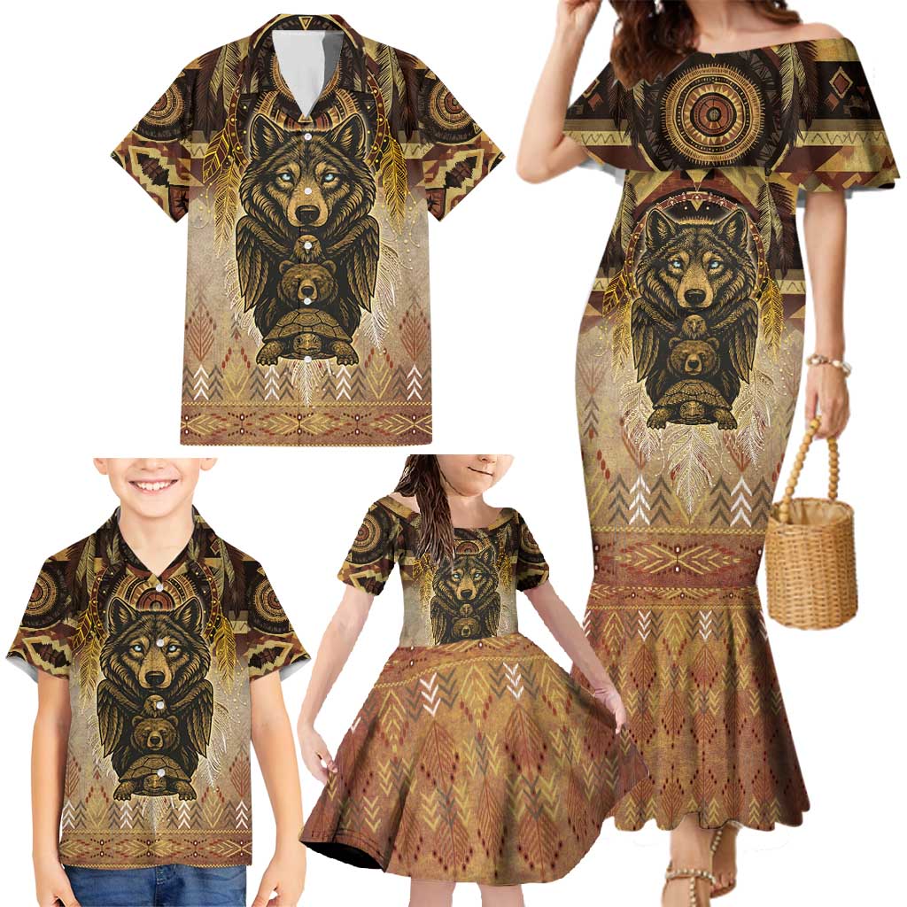 Native American Animal Spirit Family Matching Mermaid Dress and Hawaiian Shirt