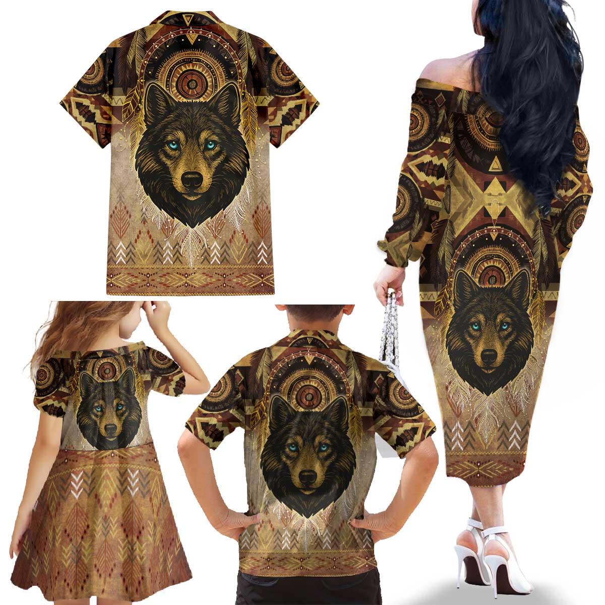 Native American Animal Spirit Family Matching Off The Shoulder Long Sleeve Dress and Hawaiian Shirt