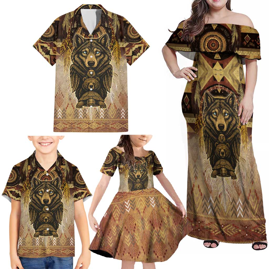 Native American Animal Spirit Family Matching Off Shoulder Maxi Dress and Hawaiian Shirt
