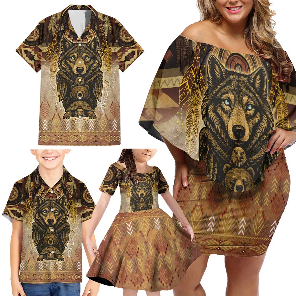 Native American Animal Spirit Family Matching Off Shoulder Short Dress and Hawaiian Shirt