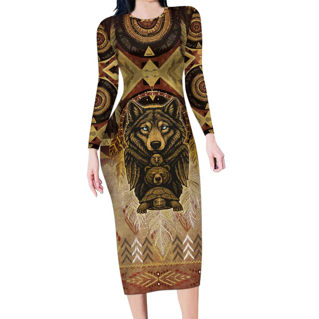Native American Animal Spirit Long Sleeve Bodycon Dress
