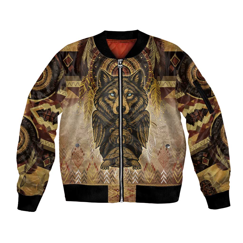 Native American Animal Spirit Sleeve Zip Bomber Jacket