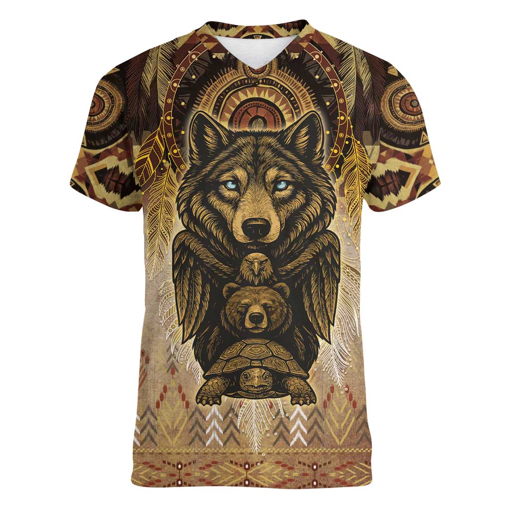 Native American Animal Spirit Women V-Neck T-Shirt