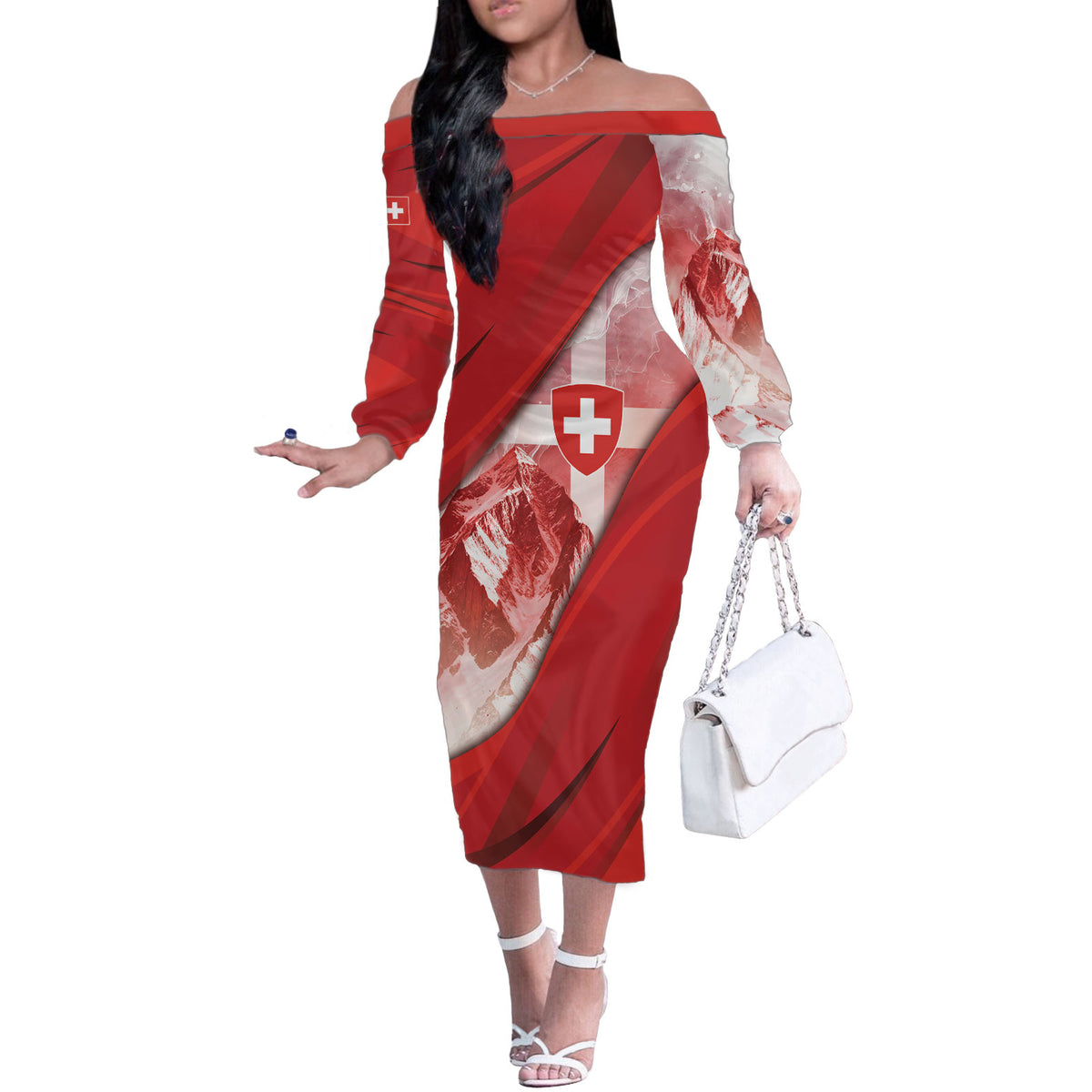 Custom Switzerland Football Off The Shoulder Long Sleeve Dress Matterhorn Snow Shield