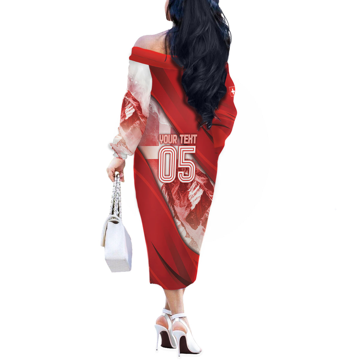 Custom Switzerland Football Off The Shoulder Long Sleeve Dress Matterhorn Snow Shield