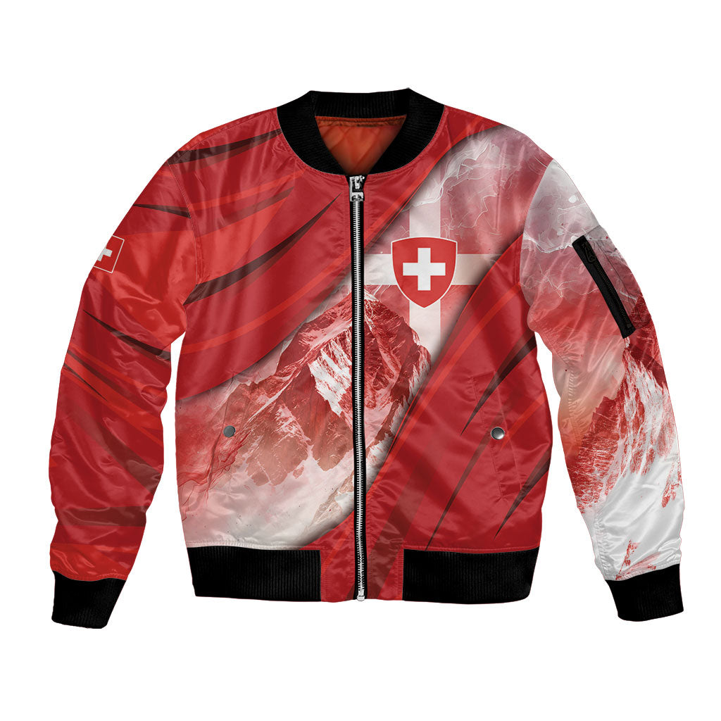 Custom Switzerland Football Sleeve Zip Bomber Jacket Matterhorn Snow Shield